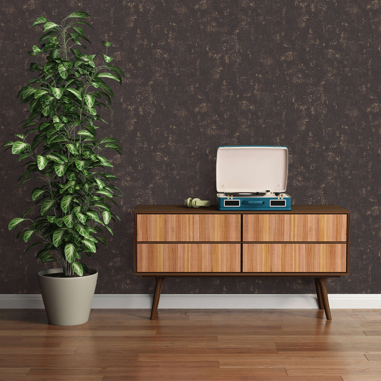             Mustertapete mit abstraktem Bastmuster– Schwarz, Gold
        