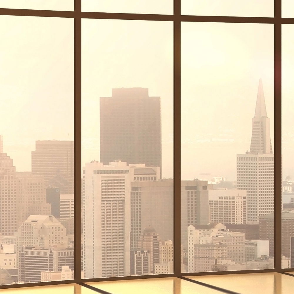             Stadt Fototapete – Panorama Hochhaus mit Sonnenuntergang – Beige, Braun
        