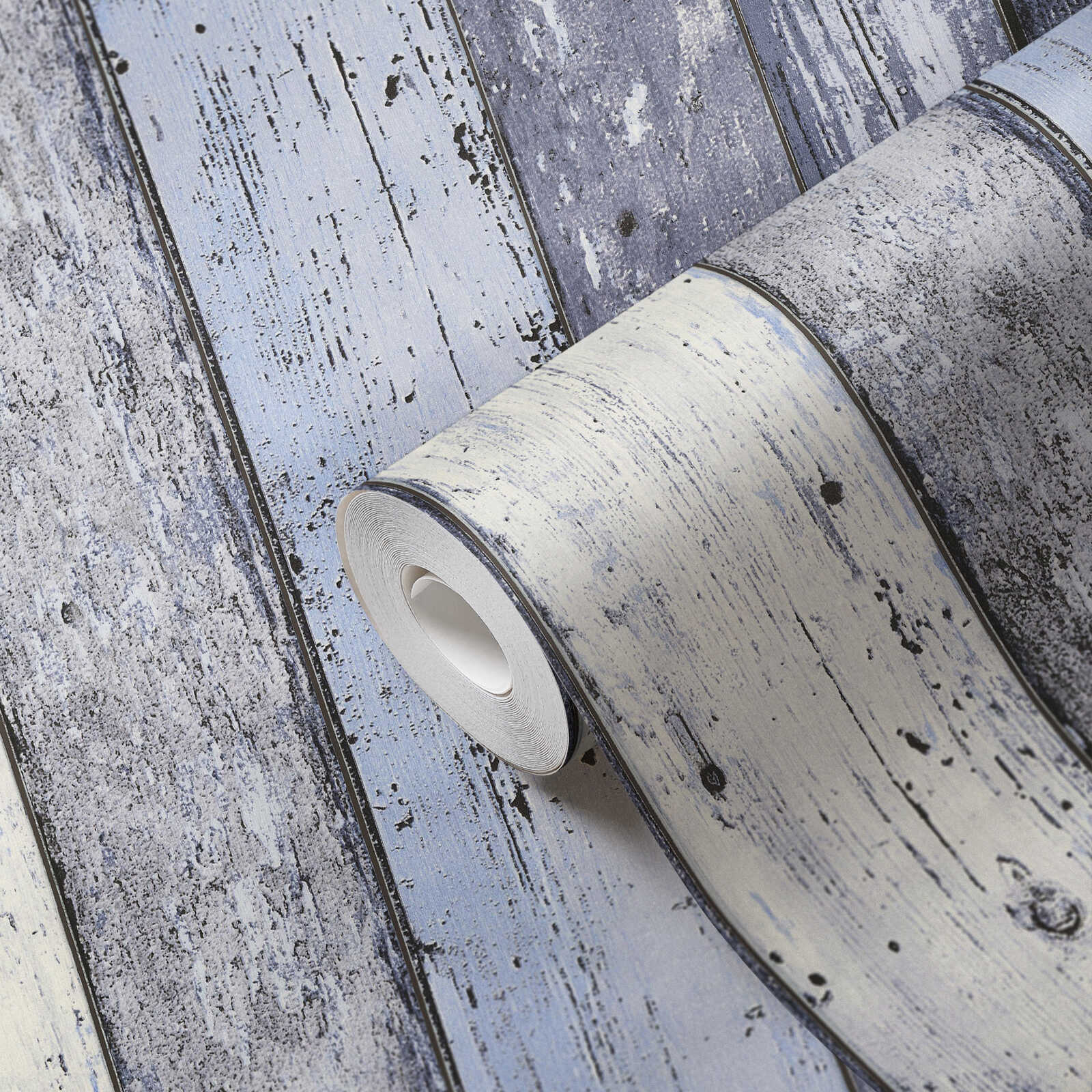            Holztapete Shabby Chic Style mit Brettern im Used-Look – Blau
        