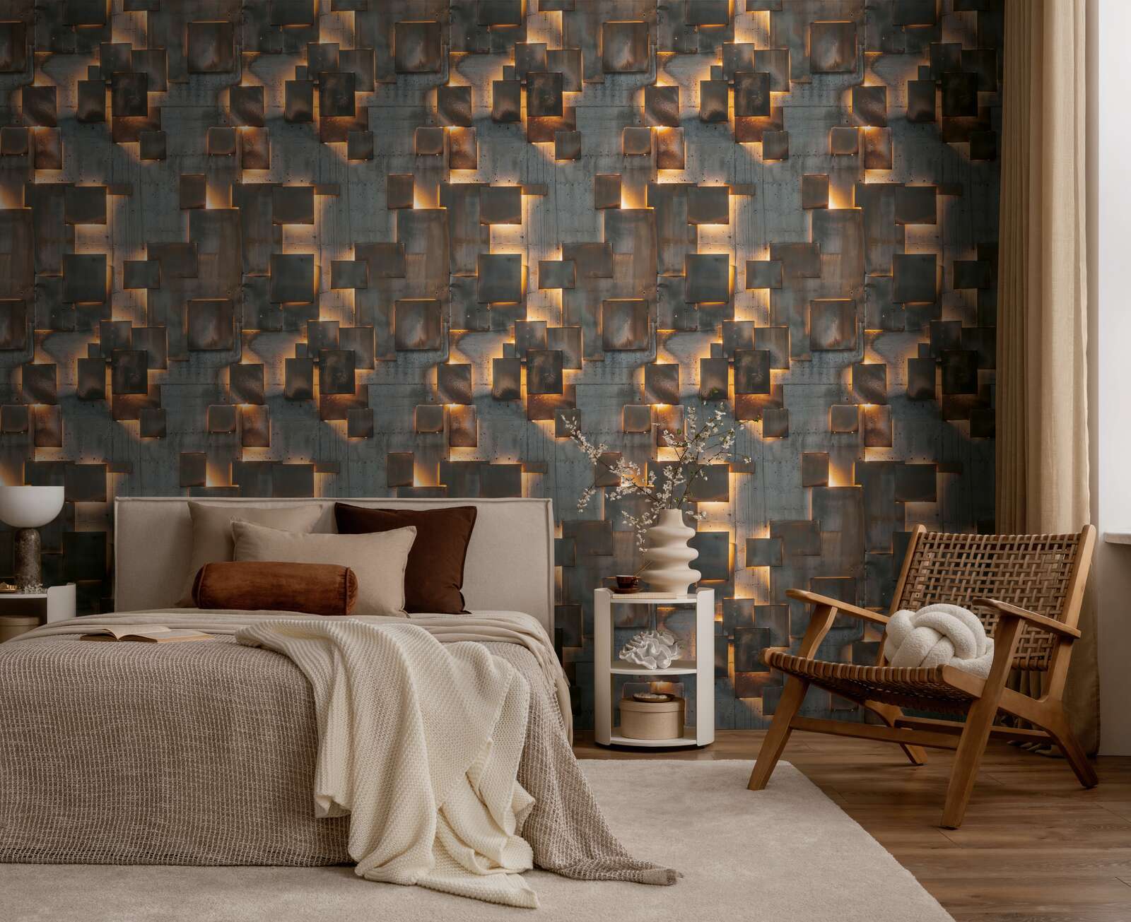 bettzimmer, wanddeko, lampe, holzstuhl, bett