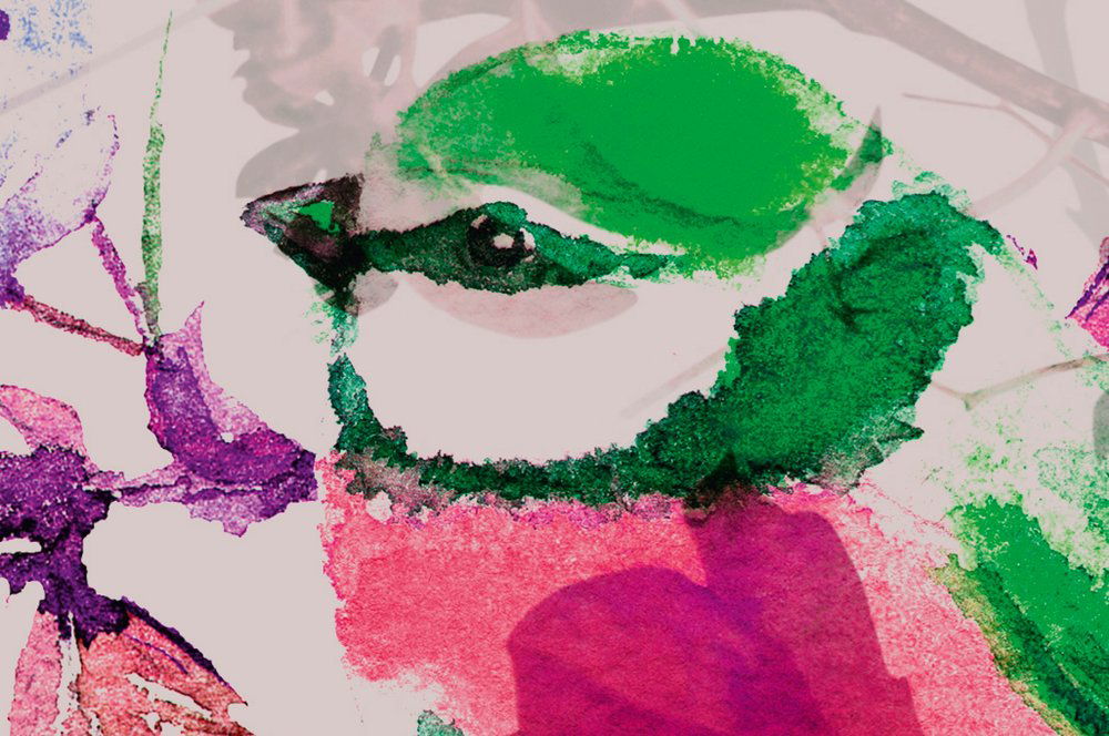             Birds collage style mural - pink, blue
        