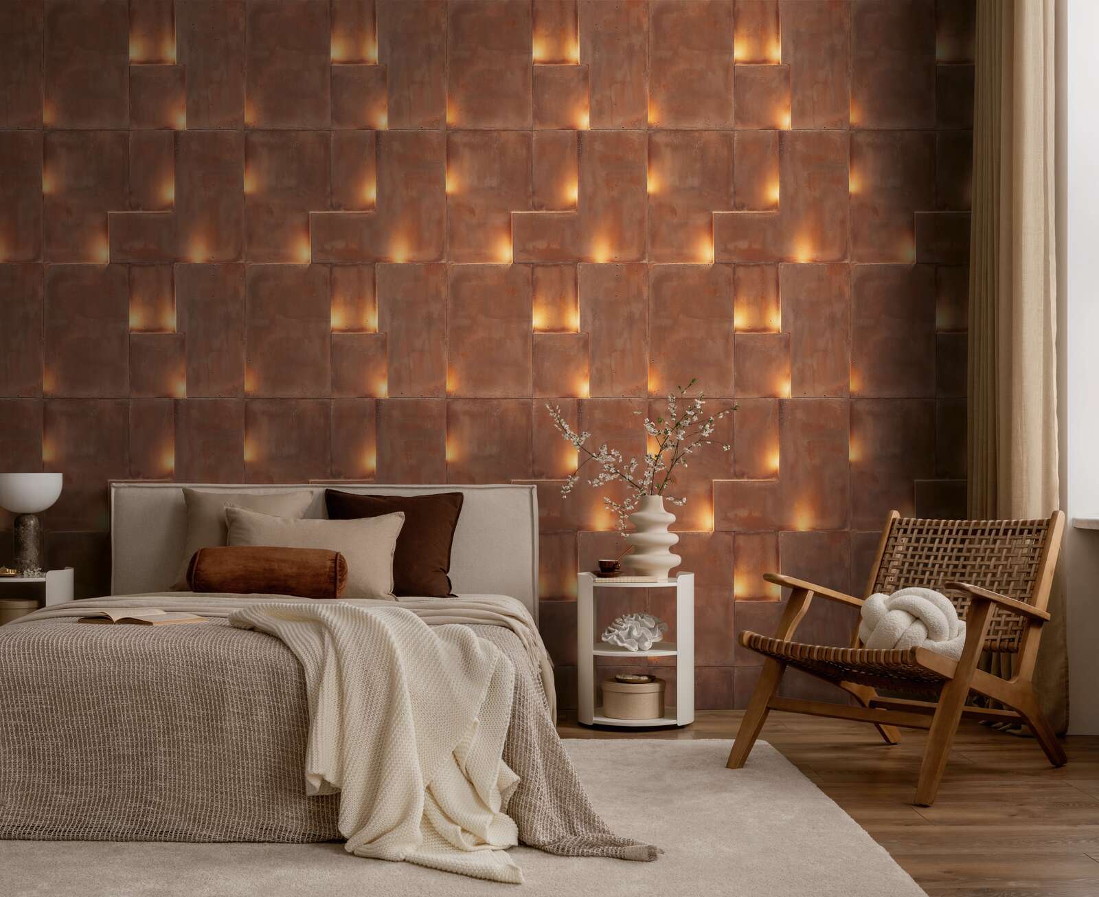 betttop, wandtapete, rustbraun, bodenlamp, wohnzimmer