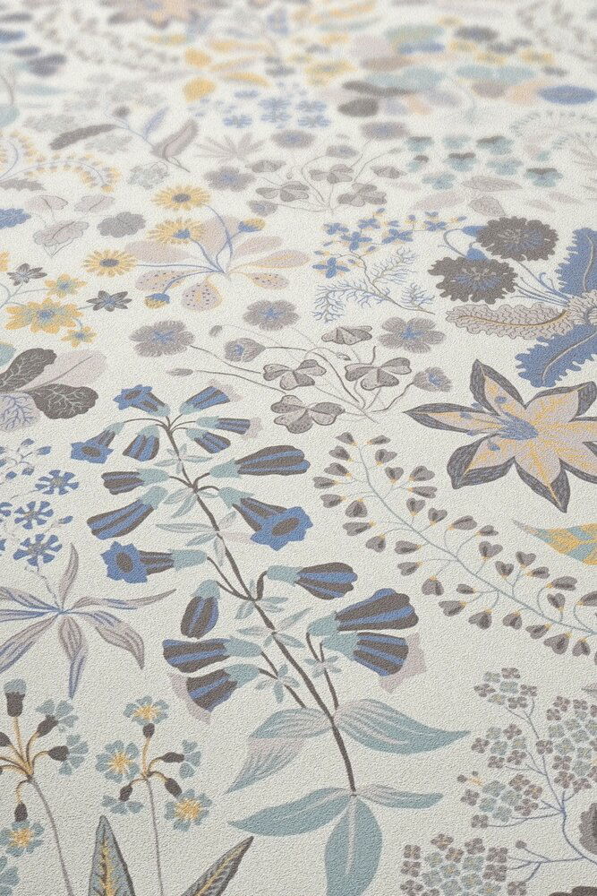             Vliestapete mit detaillierten Blumenmuster - Grau, Blau, Creme
        