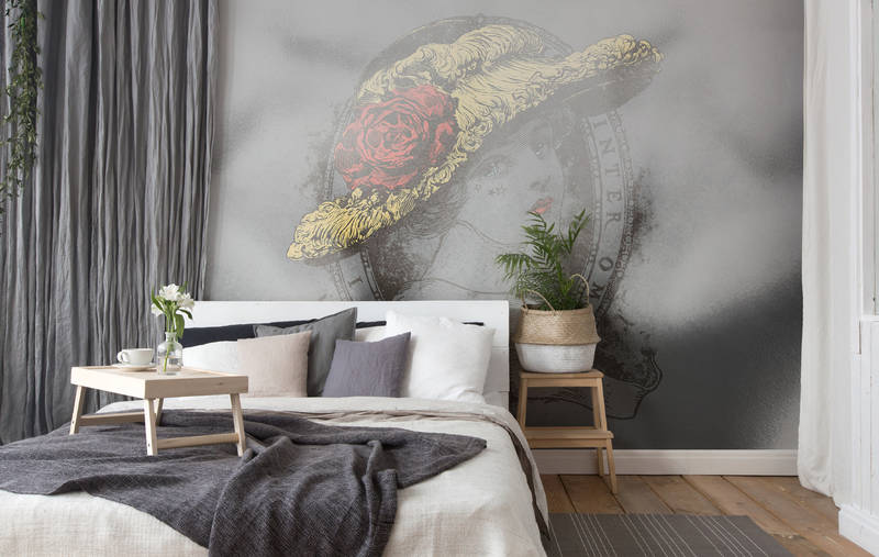             Rockabilly stijl tattoo motief muurschildering - geel, zwart, rood
        