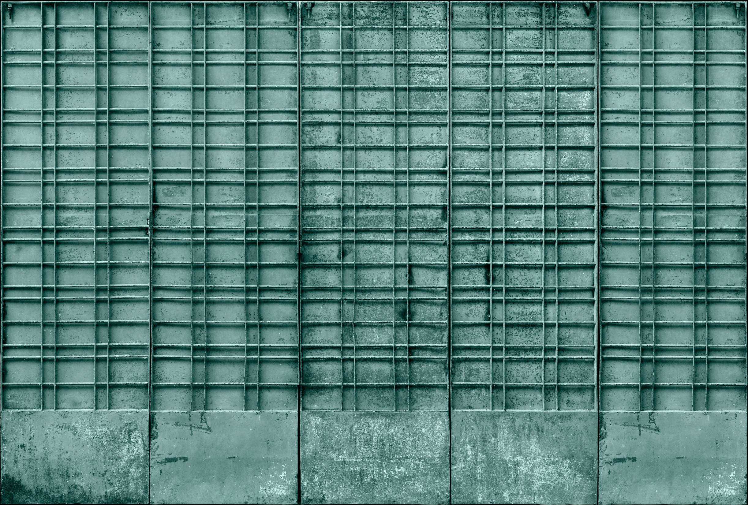 Fototapete »bangalore« - Detailaufnahme eines petrolfarbenen Metalltors mit rechteckigen Verzierungen – Glattes, leicht glänzendes Premiumvlies