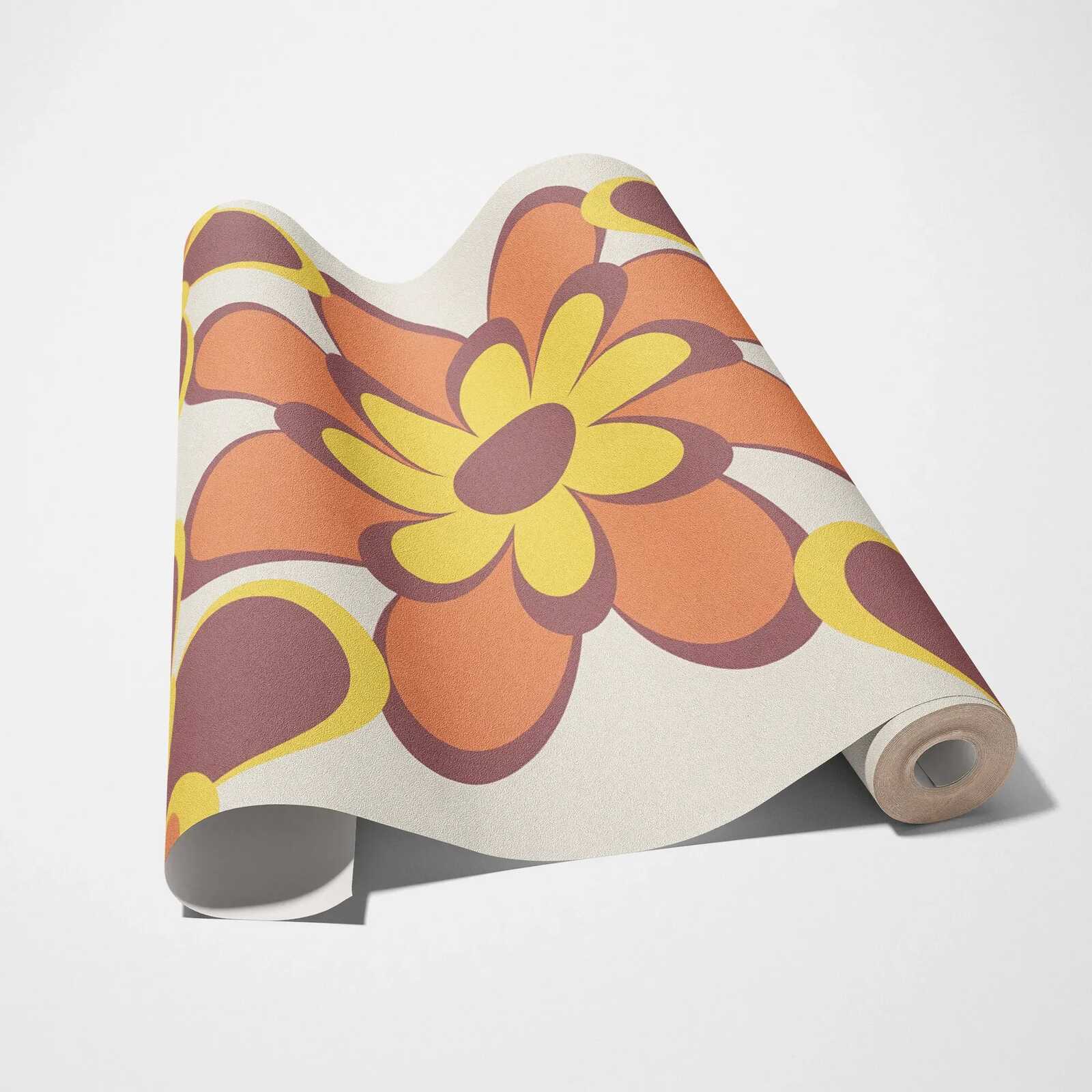             Retro Tapete 70er Blumenmuster – Orange, Gelb, Braun
        