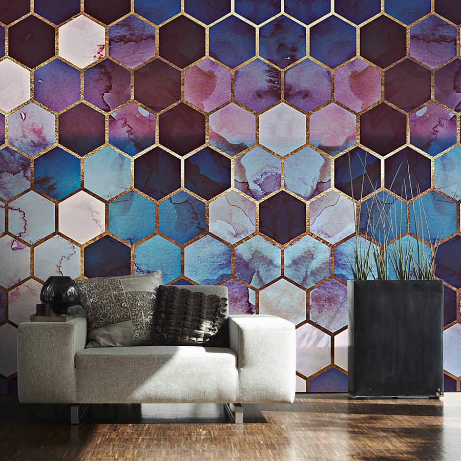 Hexagon-Fliesen, Fliesen-Tapete, Geometrisches Muster, Blaue Lila Farbtöne, Wohnaccessoire