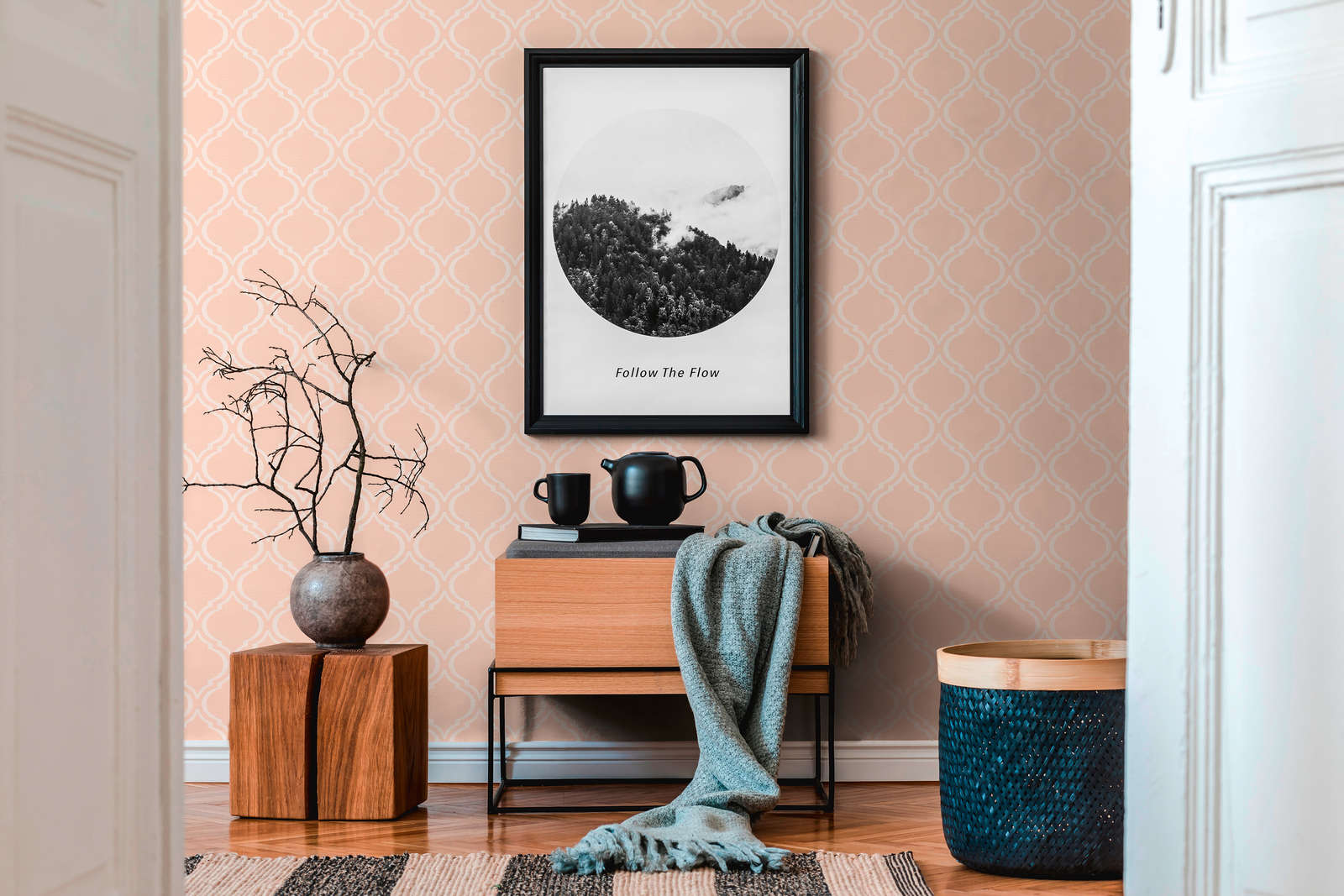             Tapete Retro Design mit Art Deco Muster & Glanzeffekt – Rosa, orange, Weiß
        