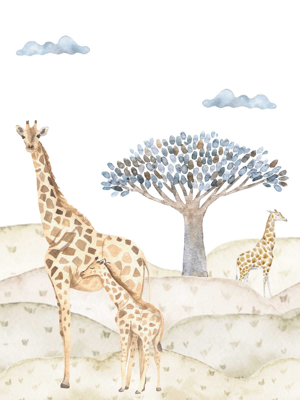 Canvas picture Giraffes in the savannah - Stylish Africa motif for children's rooms or living rooms - 30 x 40 cm - Beige, Blue