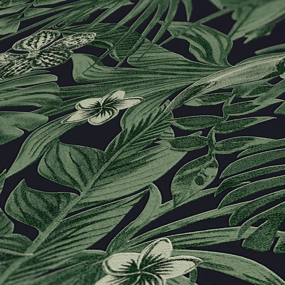             Tapete tropische Vögel & exotische Blüten – Grün, Schwarz
        