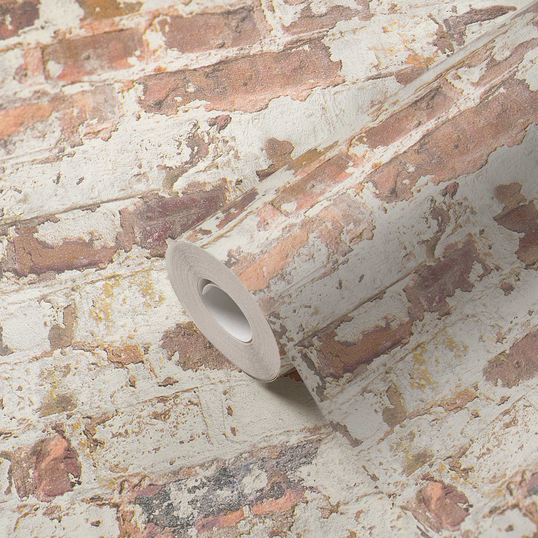 Vintage Mauer-Tapete mit Backsteinen &amp; Putz – Orange, Weiß, Rot