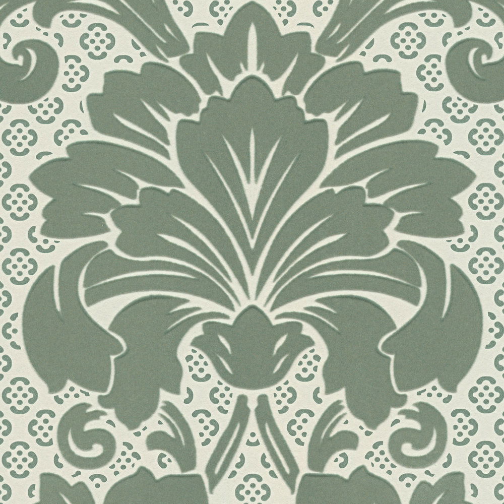             Florale Ornament-Tapete mit samtiger Haptik und Glanz-Effekt – Grün
        