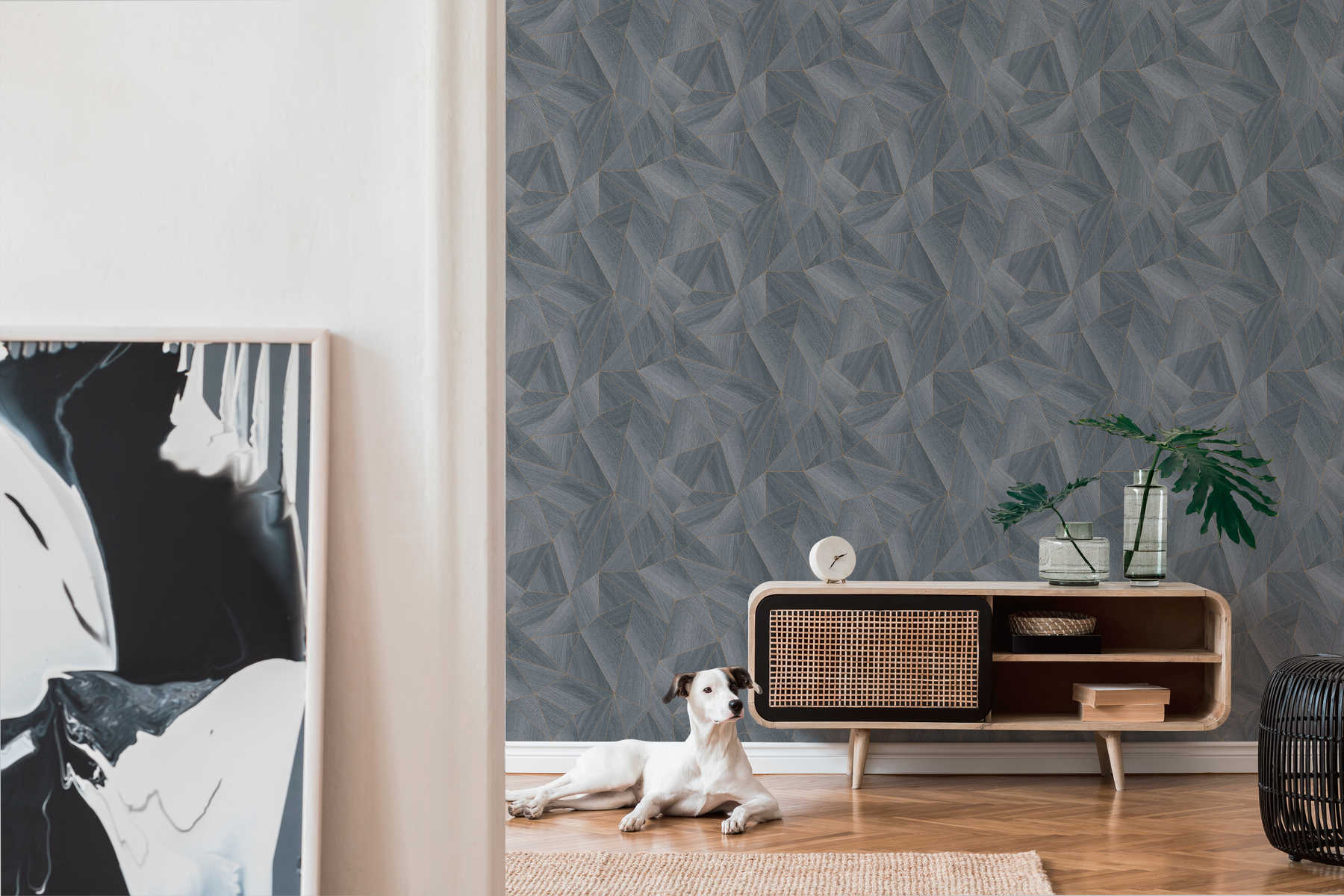 Holztapete geometrisches Muster &amp; Metallic-Effekt – Grau, Schwarz