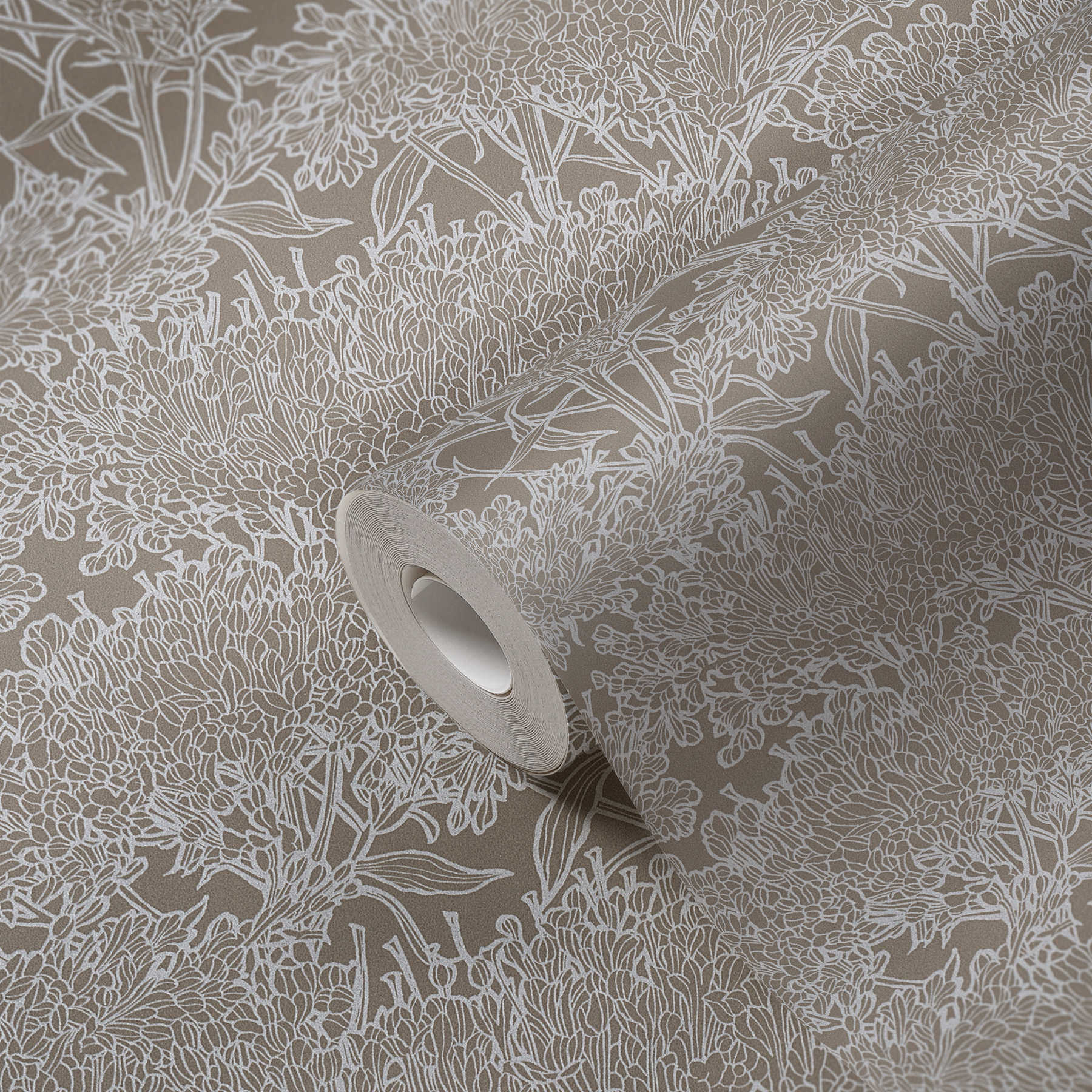             Blumentapete in Grau mit Silber Metallic Effekt – Grau, Silber
        