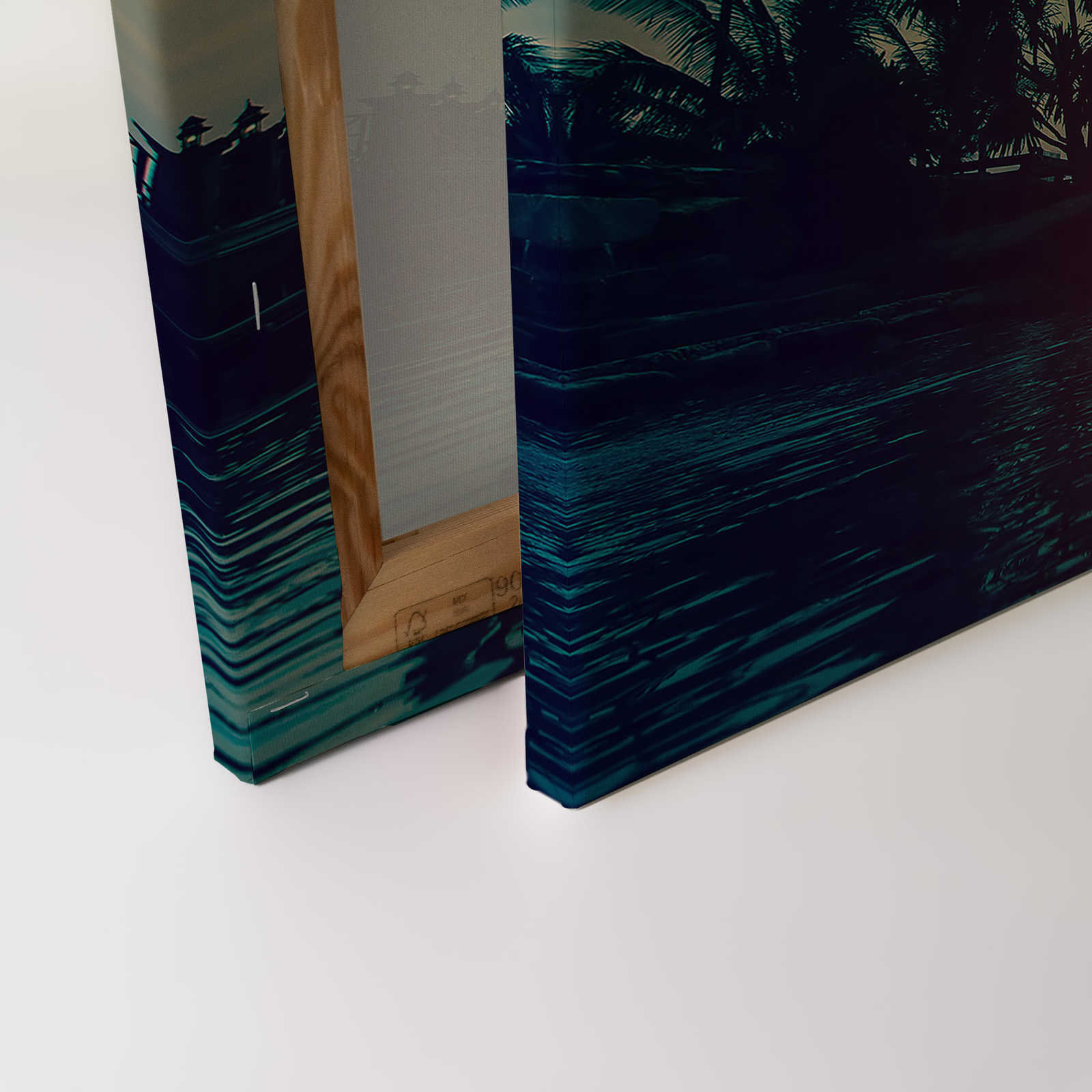             Leinwandbild mit Palmen am Wasser im Sonnenuntergang – 0,90 m x 0,60 m
        