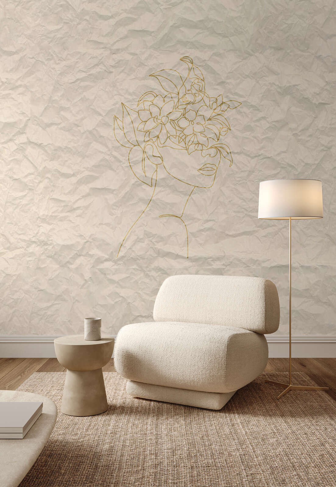 Wohnzimmerstuhl, Sessel, Beige, Stoffstapel, Wandkunst