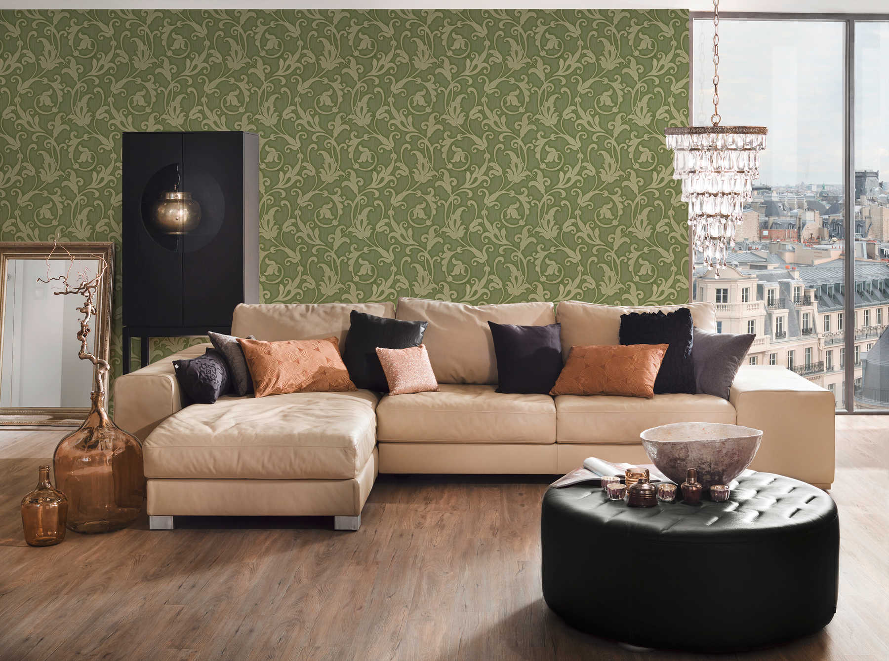             Vliestapete mit 3D Ornamentmuster & Strukturdesign – Grün, Metallic
        