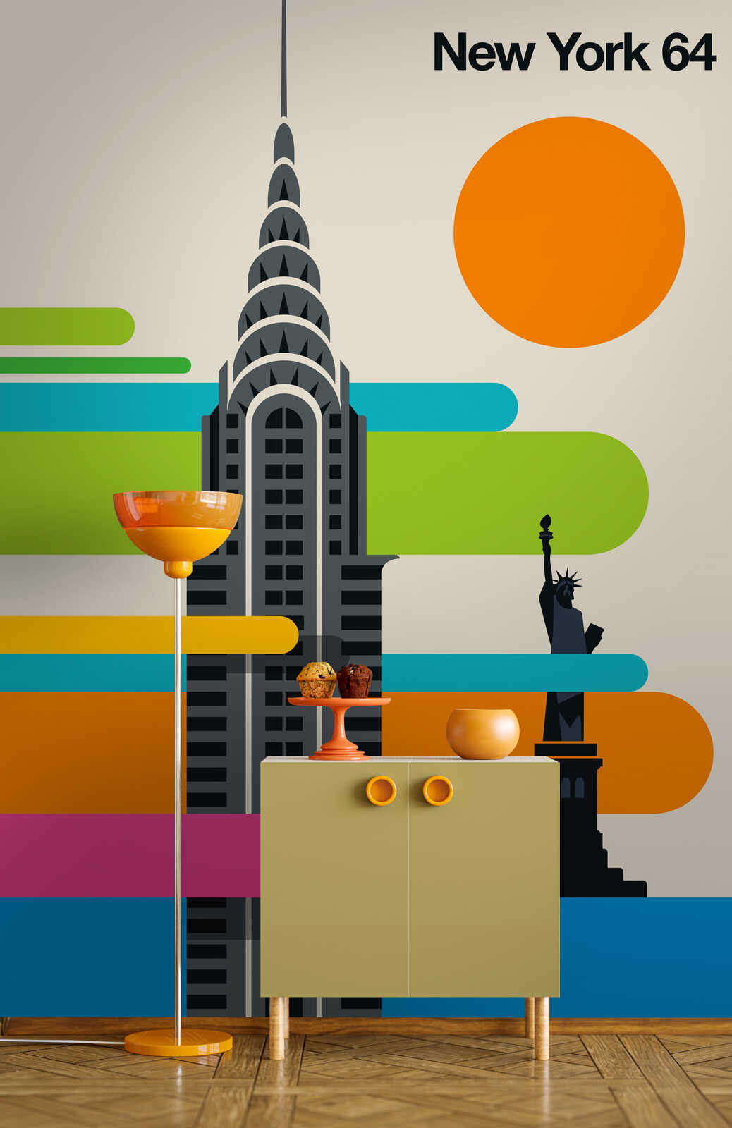Chrysler Building, abstrakte Wandmalerei, oranger Sonnenkreis, Küchenschrank, Kuchenständer