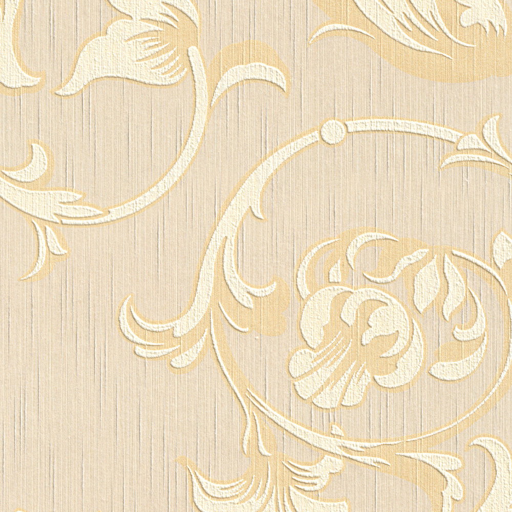 Ornament Tapete mit Seidenoptik – Creme, Gold, Beige
