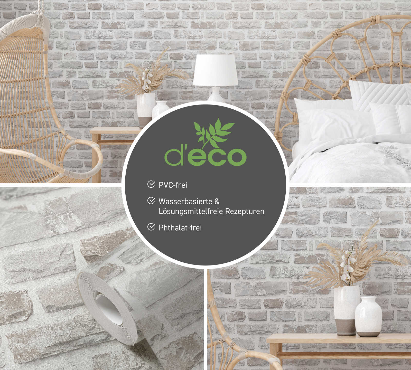             Vliestapete mit Natursteinmauer PVC-frei – Grau, Weiß
        