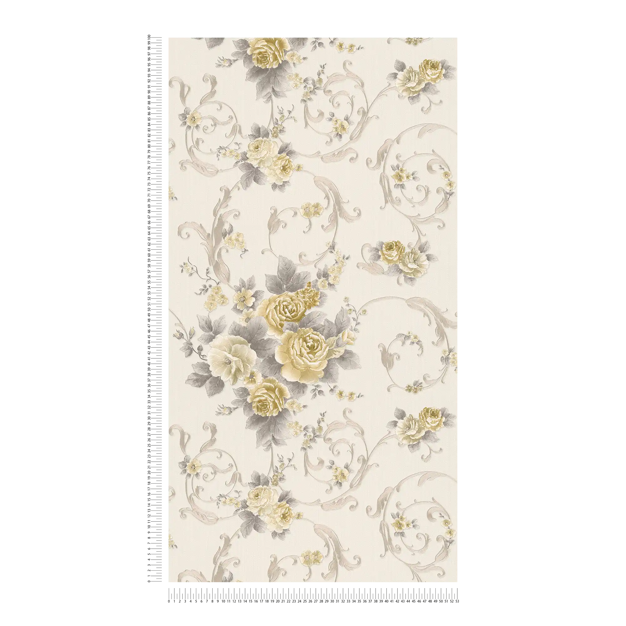 Rosenblüten-Tapete mit Metallic-Effekt im Landhausstil – Grau, Gold, Weiß