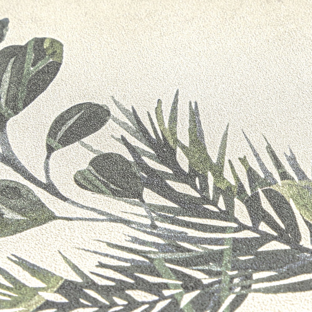             Natürliche Vliestapete mit filigranem Blatt- und Zweigmuster, ebenmäßige Struktur – Beige, Grün
        