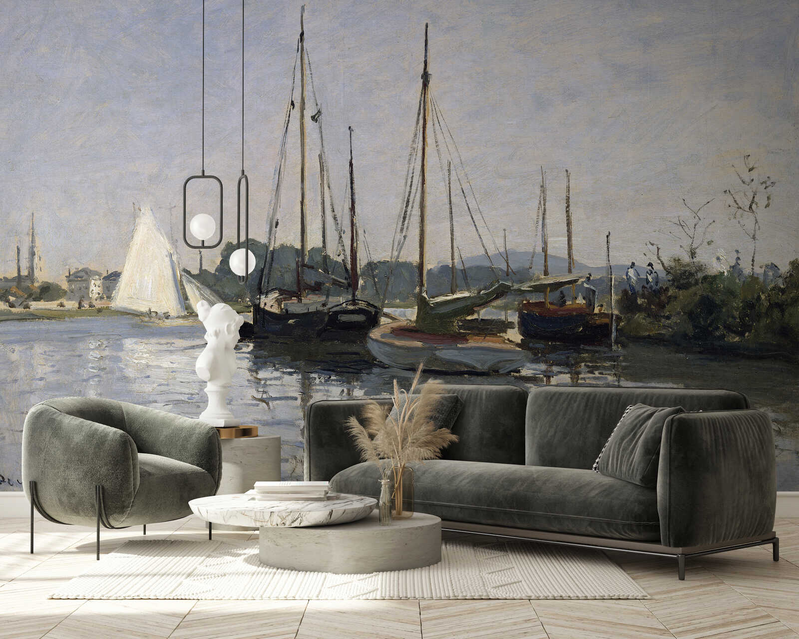 segelschiffe, hafen, ufer, wandbild, sofa