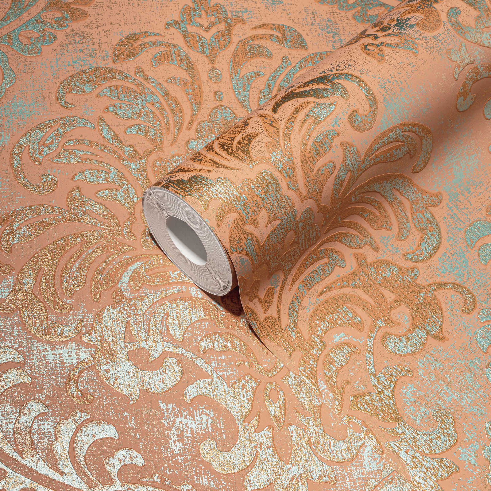             Metallic-Look Vliestapete mit Ornament – Orange, Rosa, Türkis
        