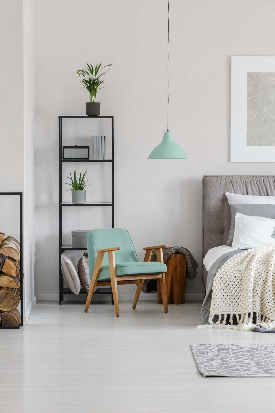 Wohnzimmer, Sessel, Teakholz, Mintgrün, Regal