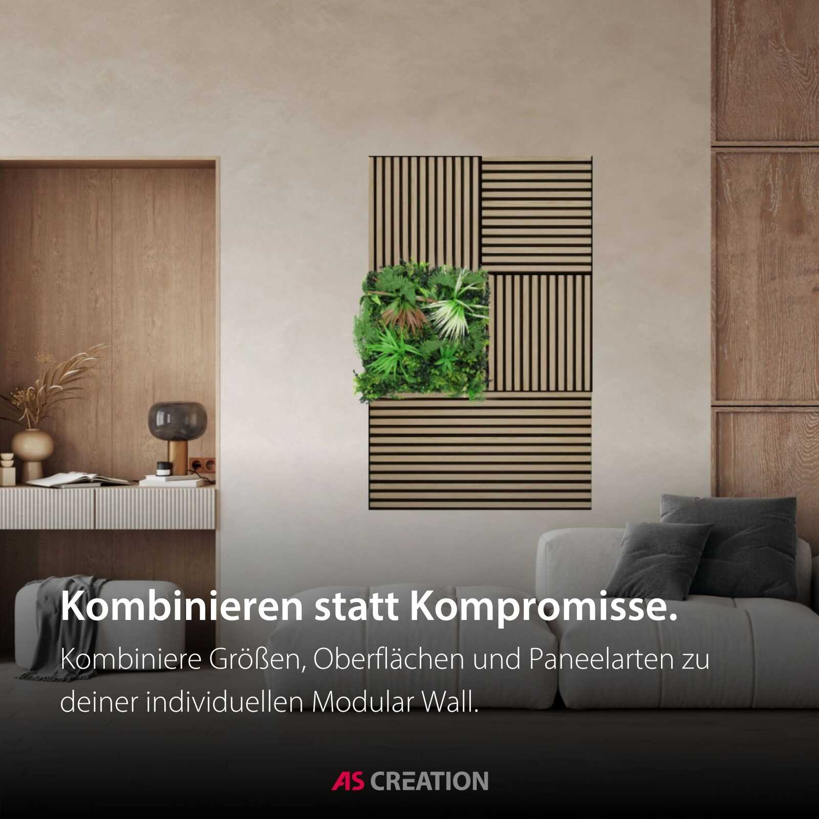 modulares wandpaneel, grüne pflanzenwand, holzoptik, wanddeko, panelenpattern