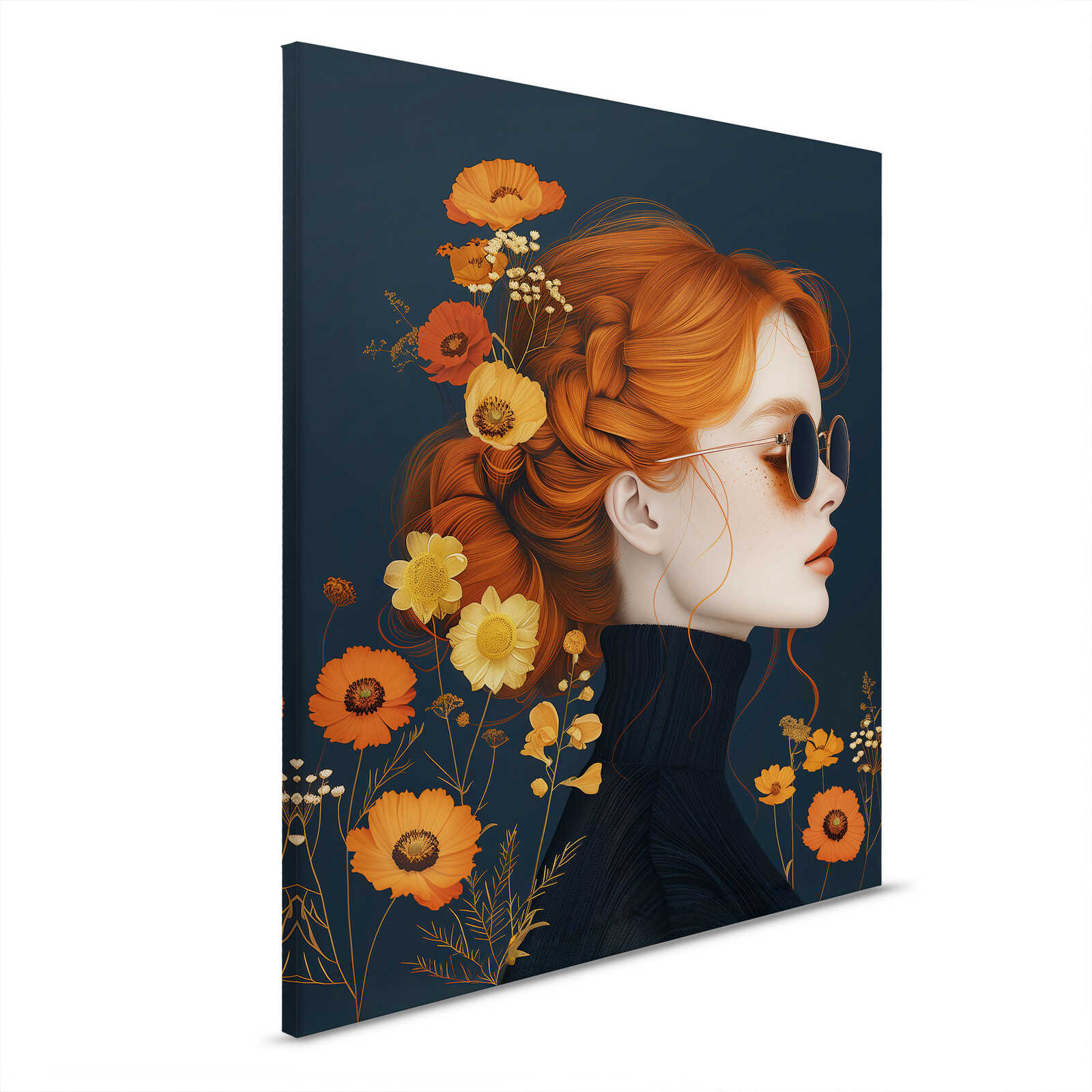         Leinwandbild Rote Eleganz - Portrait einer Frau mit Blumen in modernem Design – 40 x 50 cm - Orange, Blau
    
