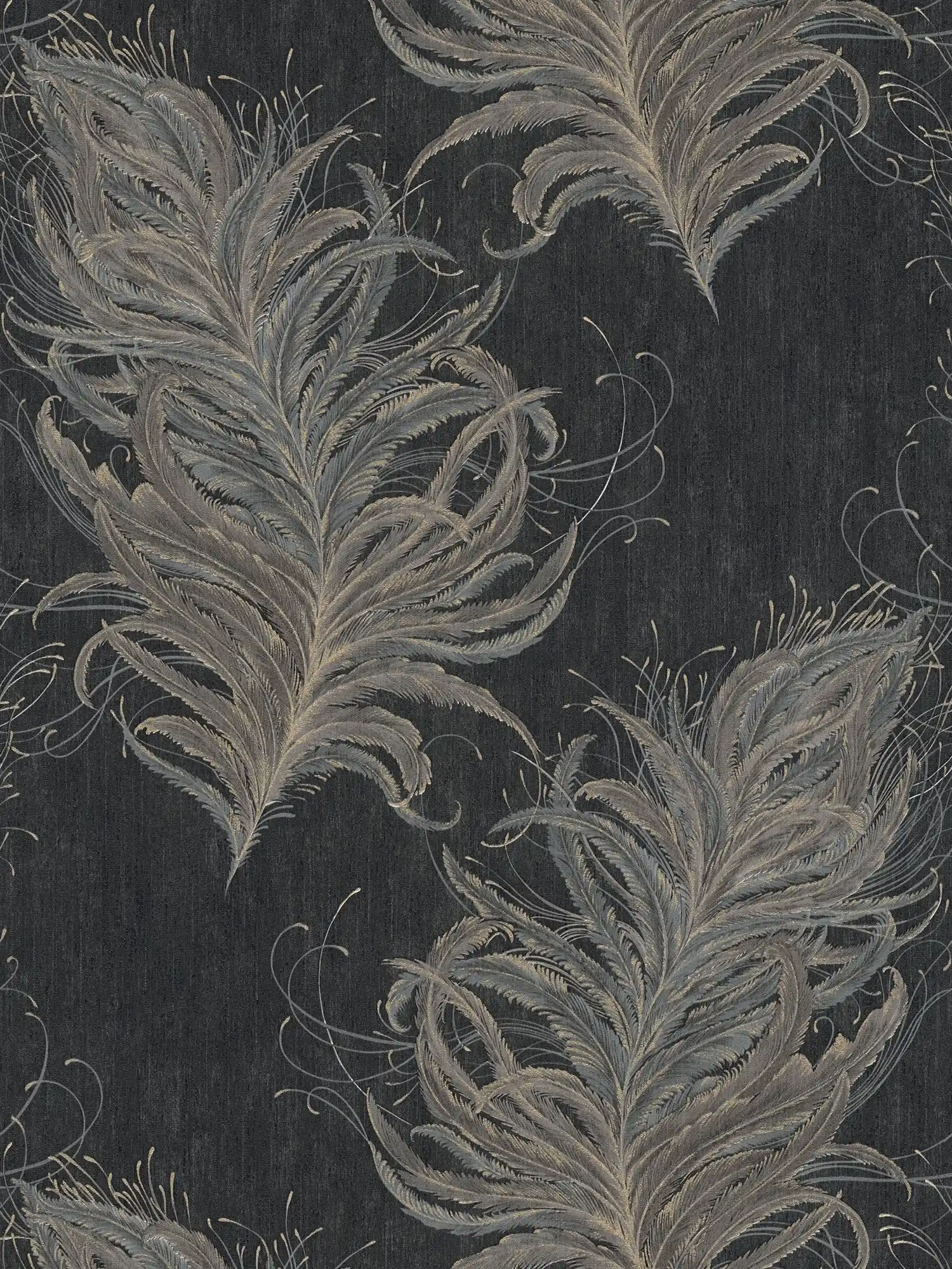         Black non-woven wallpaper with feathers in metallic colours
    