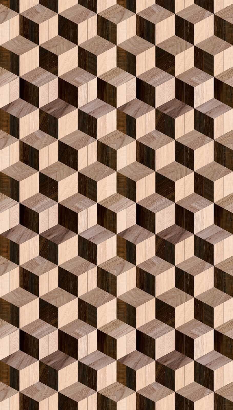             3D Vliestapete mit geometrischem Holzwürfelmuster und einer großflächigen Musterwiederholung – Braun, Beige
        