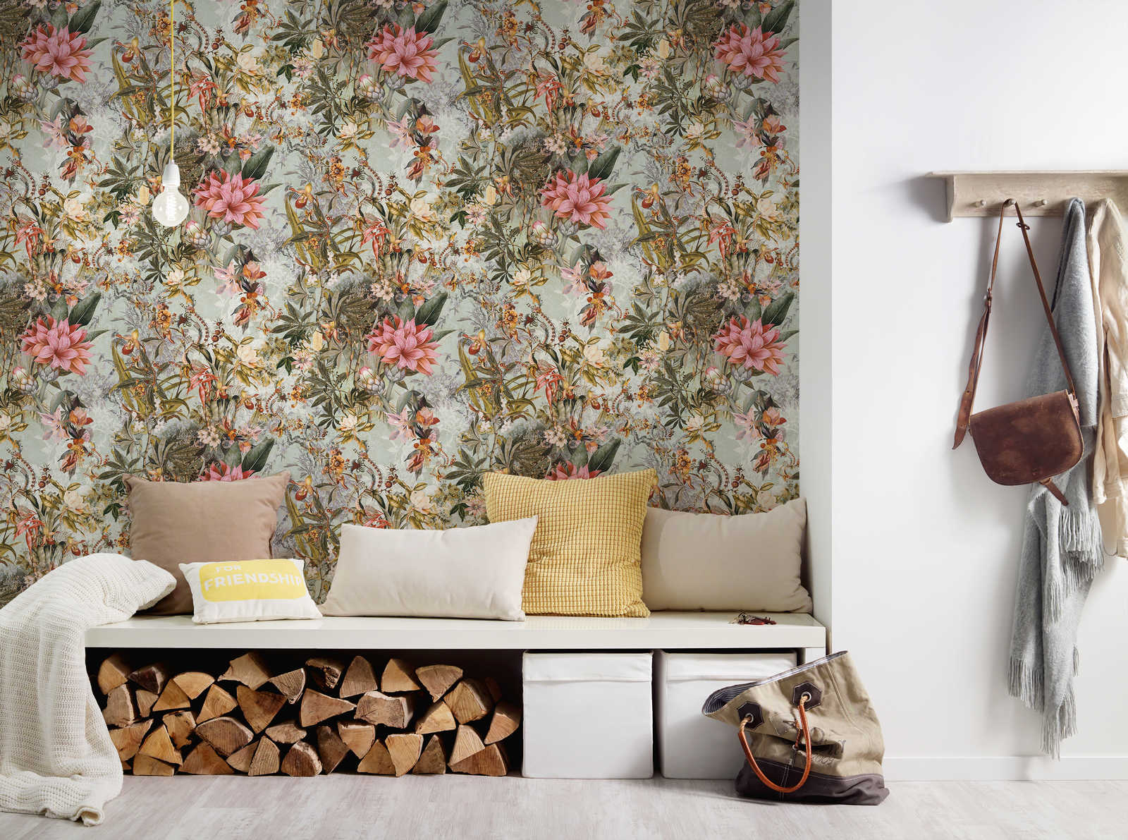             Vliestapete Vintage Dschungel Muster – Grün, Rosa
        