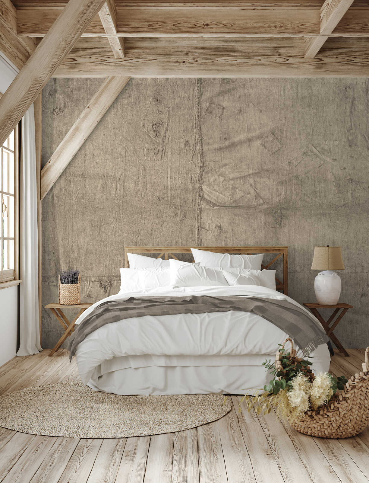 bett, bettwäsche, graue decke, holzstuhl, raumpflaster