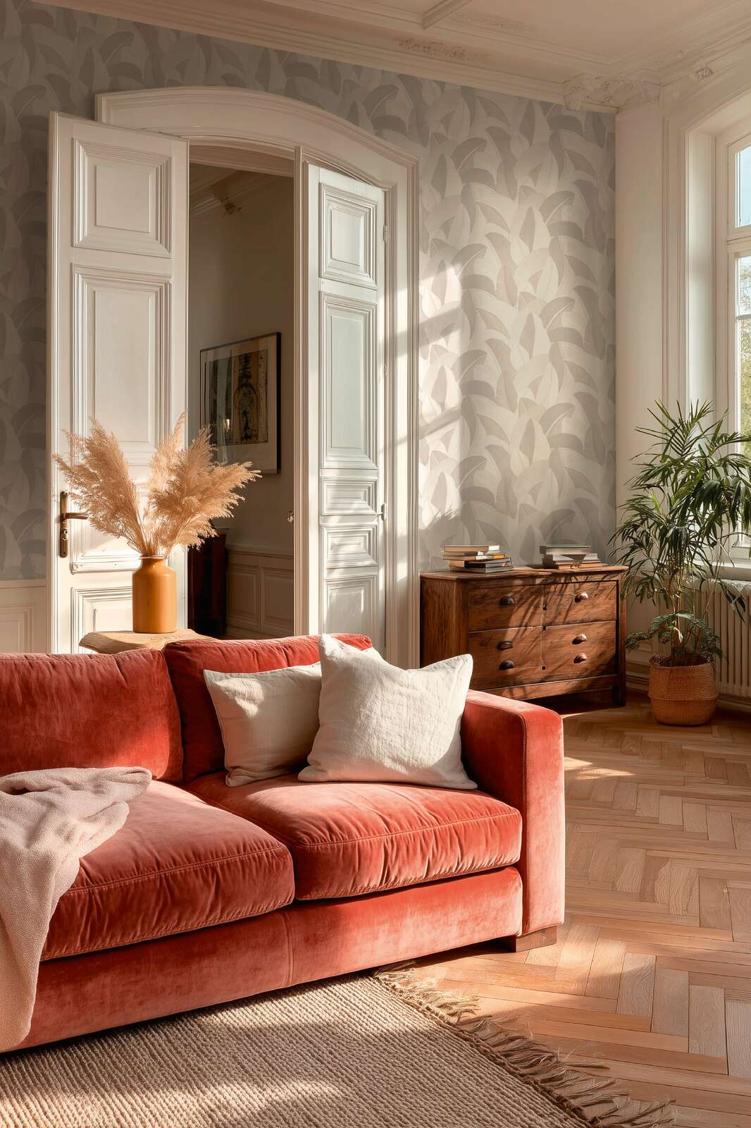 Sofa, Samtstoff, Korallenrot, Wohnzimmer, Kissen