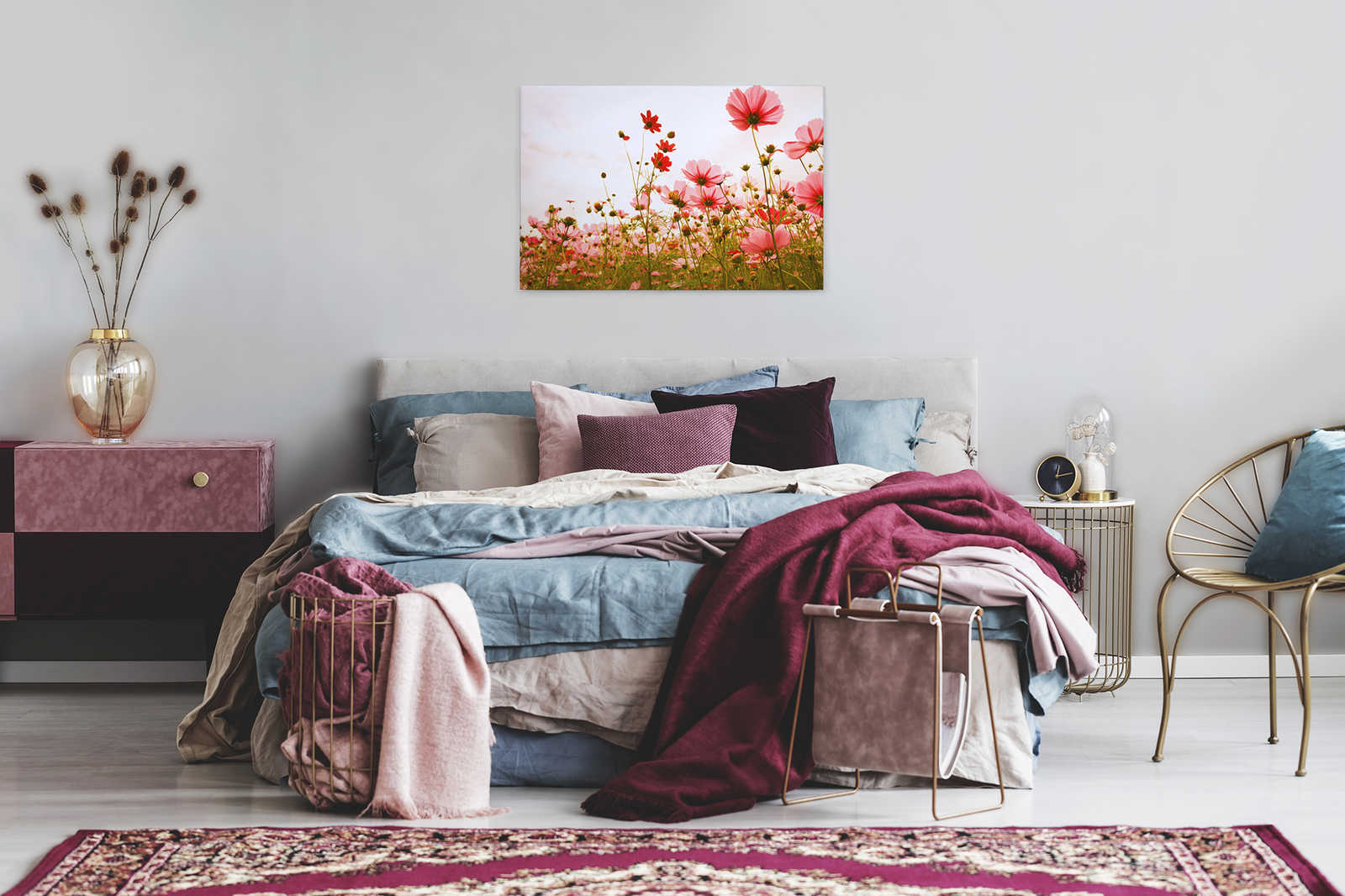             Leinwand mit Blumenwiese im Frühling | rosa, grün, weiß – 0,90 m x 0,60 m
        