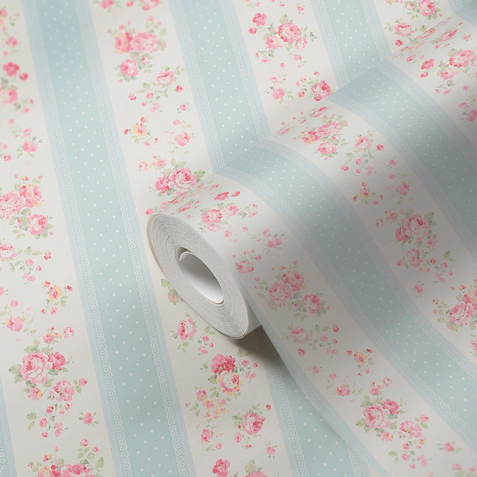 Vliestapete mit Streifen, Blumen und Punkten – Blau, Weiß, Rosa