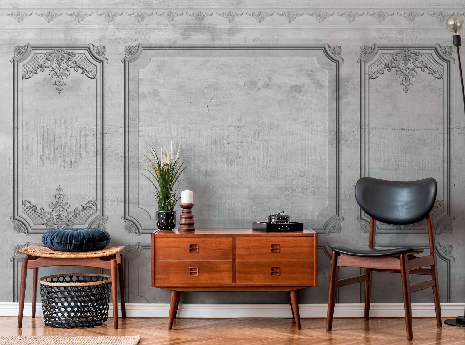 wohnzimmer-deko, möbel-standkonsole, mid-century-modern, holzkommode, leuchter-kerze