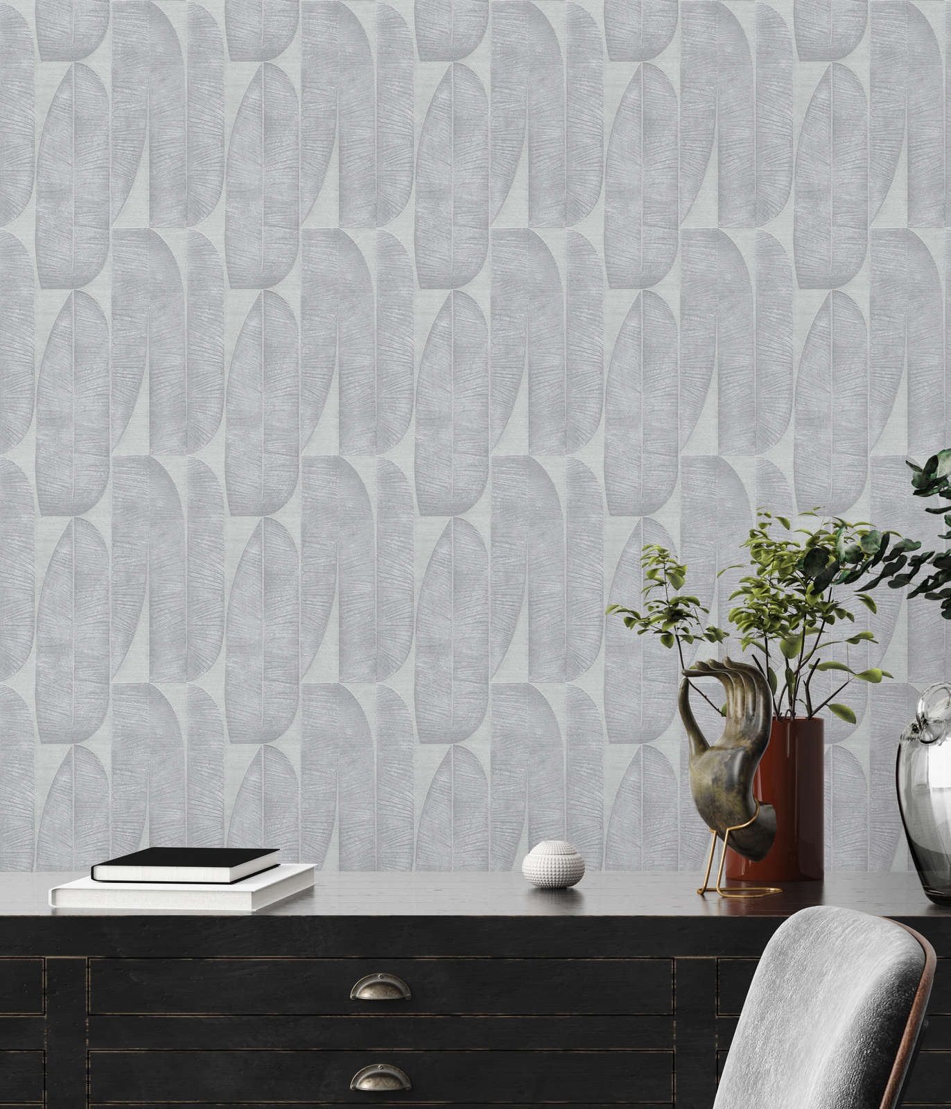 Tapete mit geometrischem Blattmuster – Grau