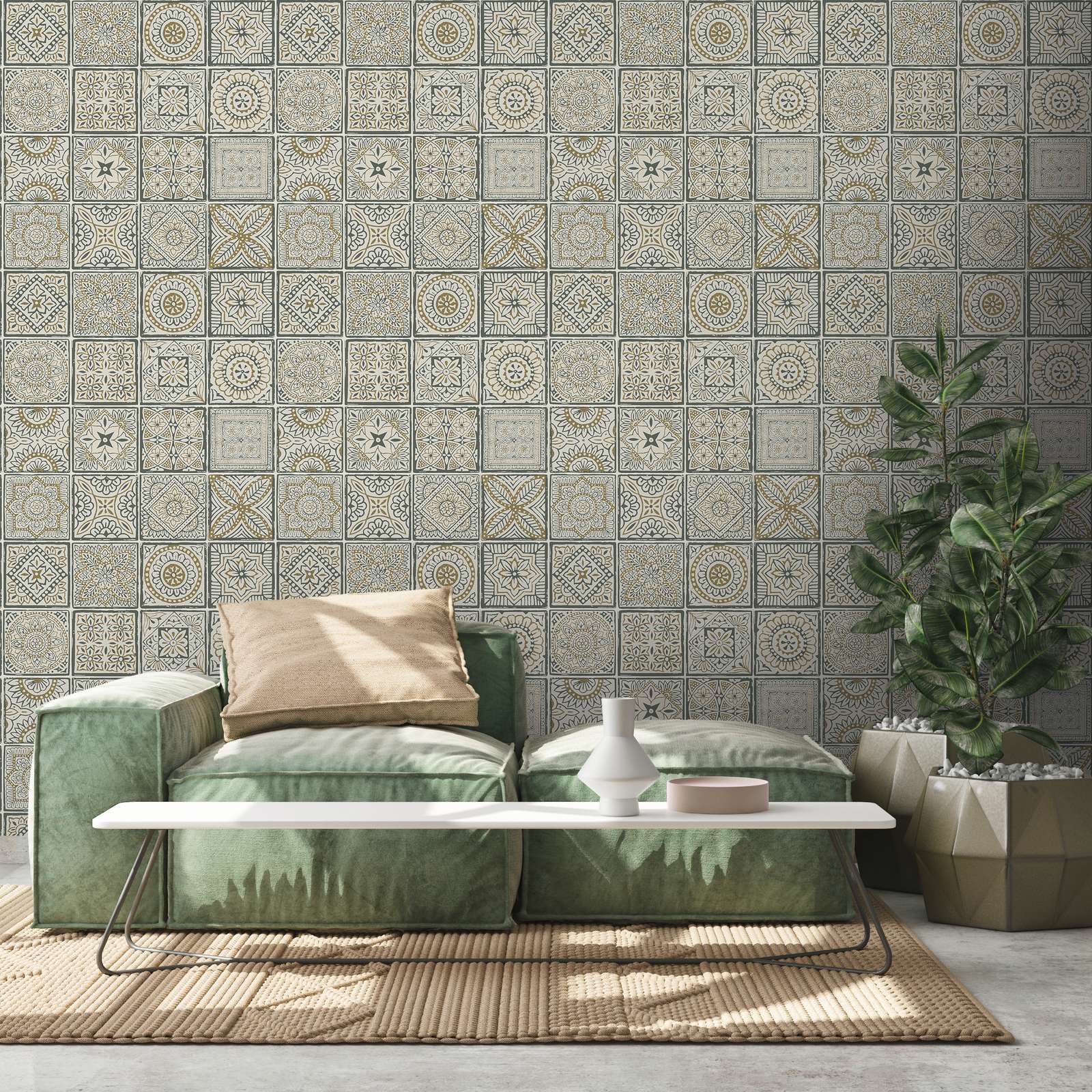             Papier peint intissé floral avec aspect carrelage et mosaïque - or, blanc, noir
        