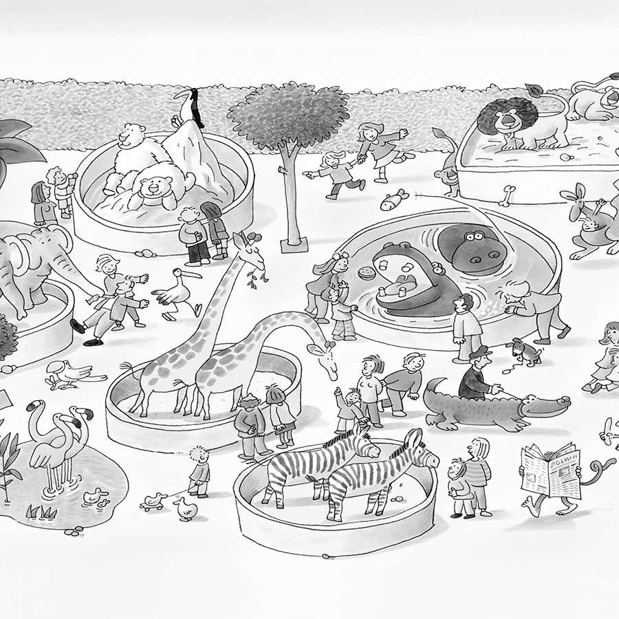 Dino-Park, Zoo-Szene, Tiergehäuse, Zebras, Giraffen