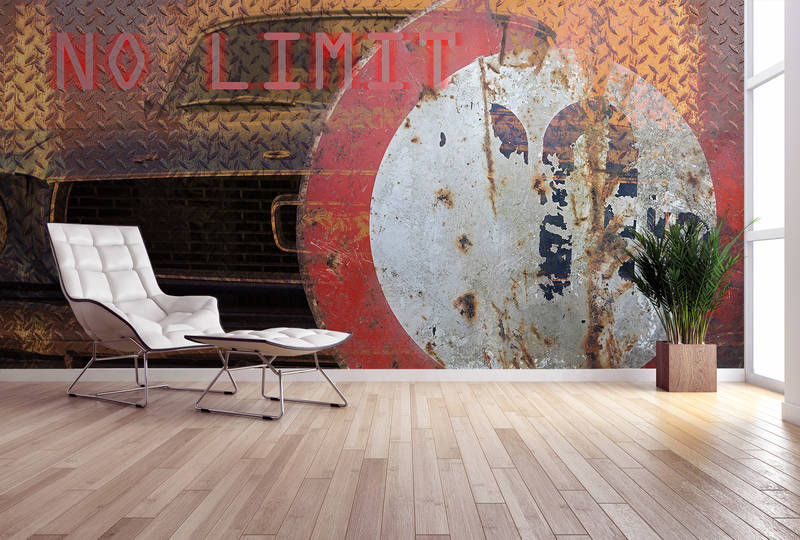             Industrial Style Fototapete – Auto Vliestapete mit Mustang im alten Design – Braun, Rot
        