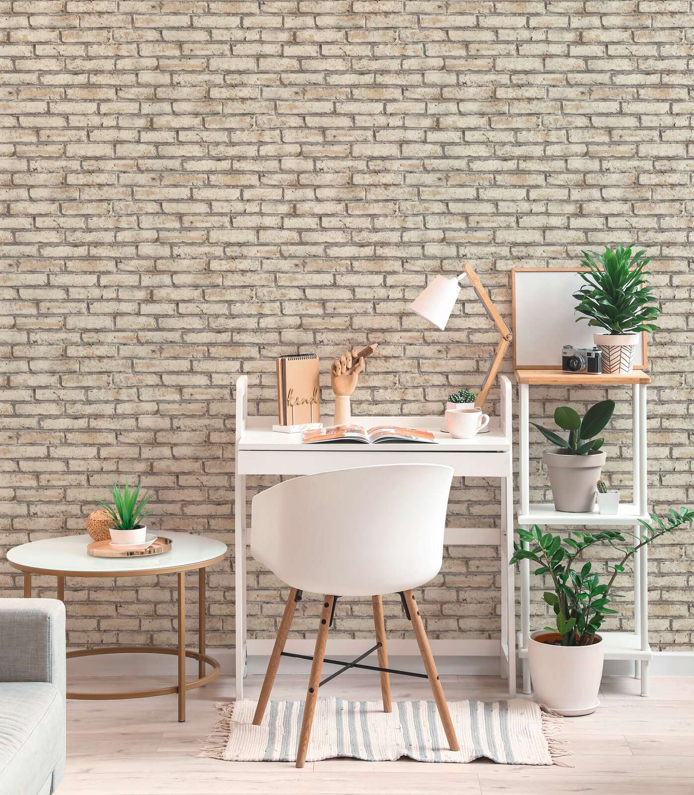 home office, Schreibtisch, Pflanze, Lampe, Ziegelwand