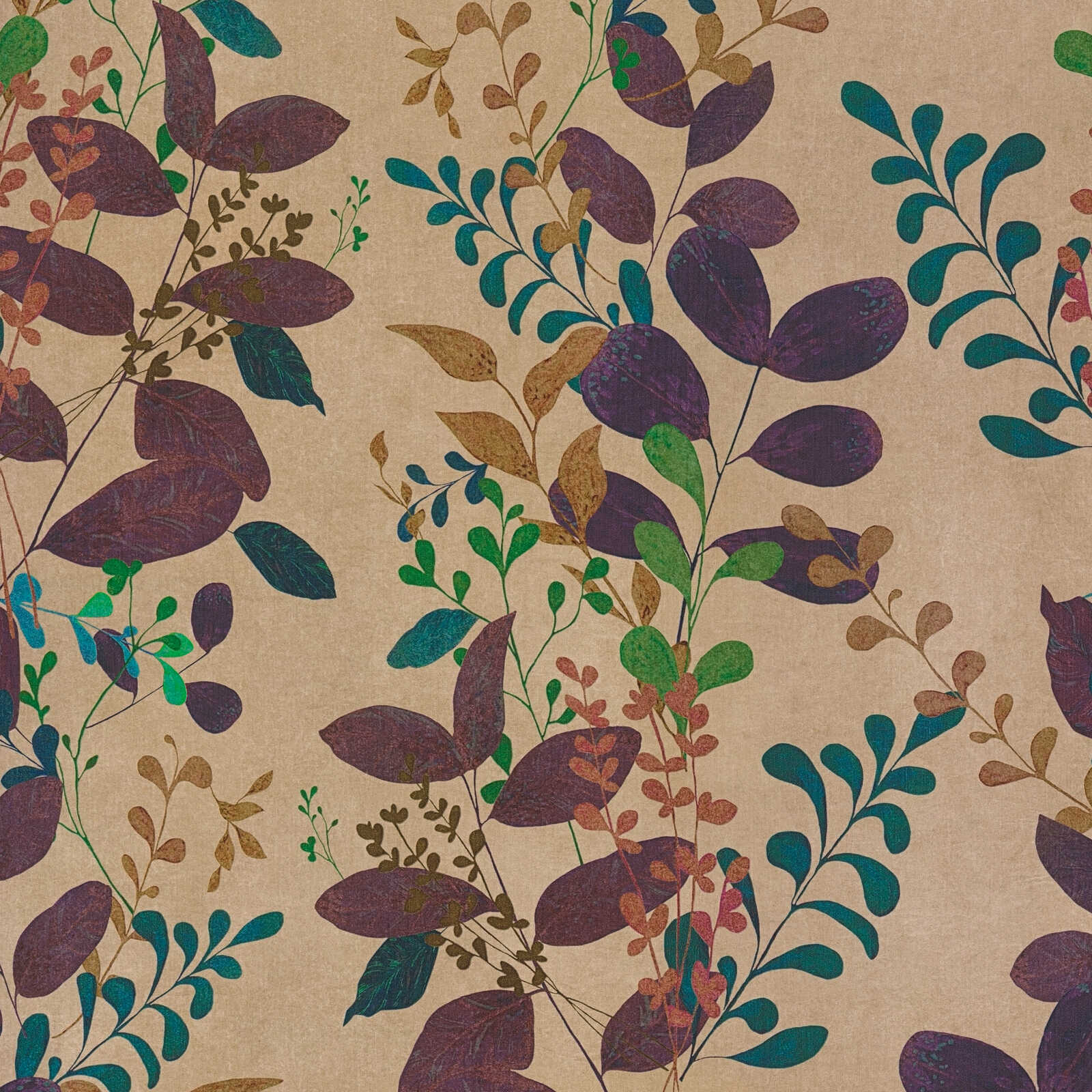 Natürliche Vliestapete mit Blättern in harmonischem Farbspiel matt und leicht strukturiert – Braun, Lila, Grün