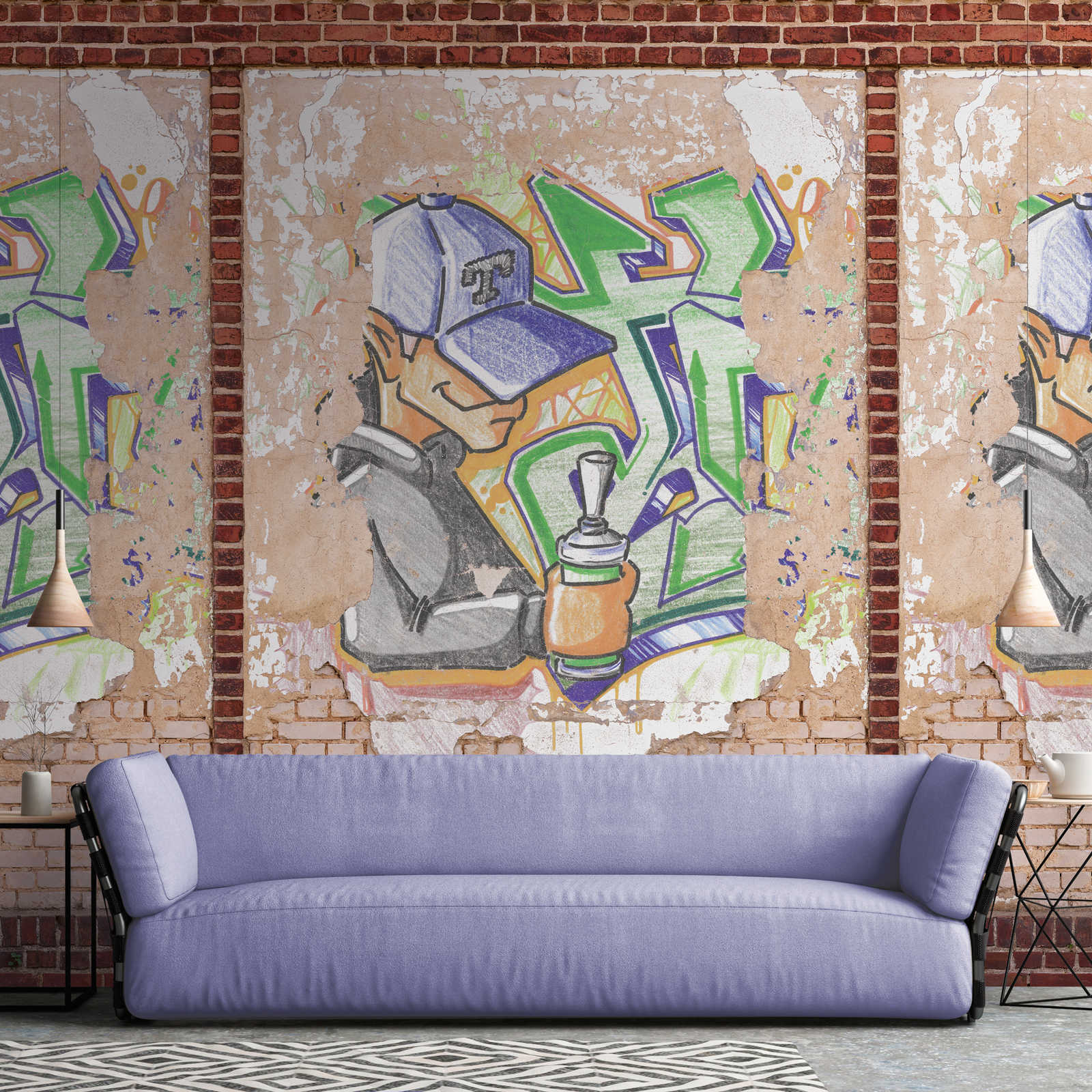         Onderlaag behang met baksteenlook en graffiti - bruin, beige, rood
    