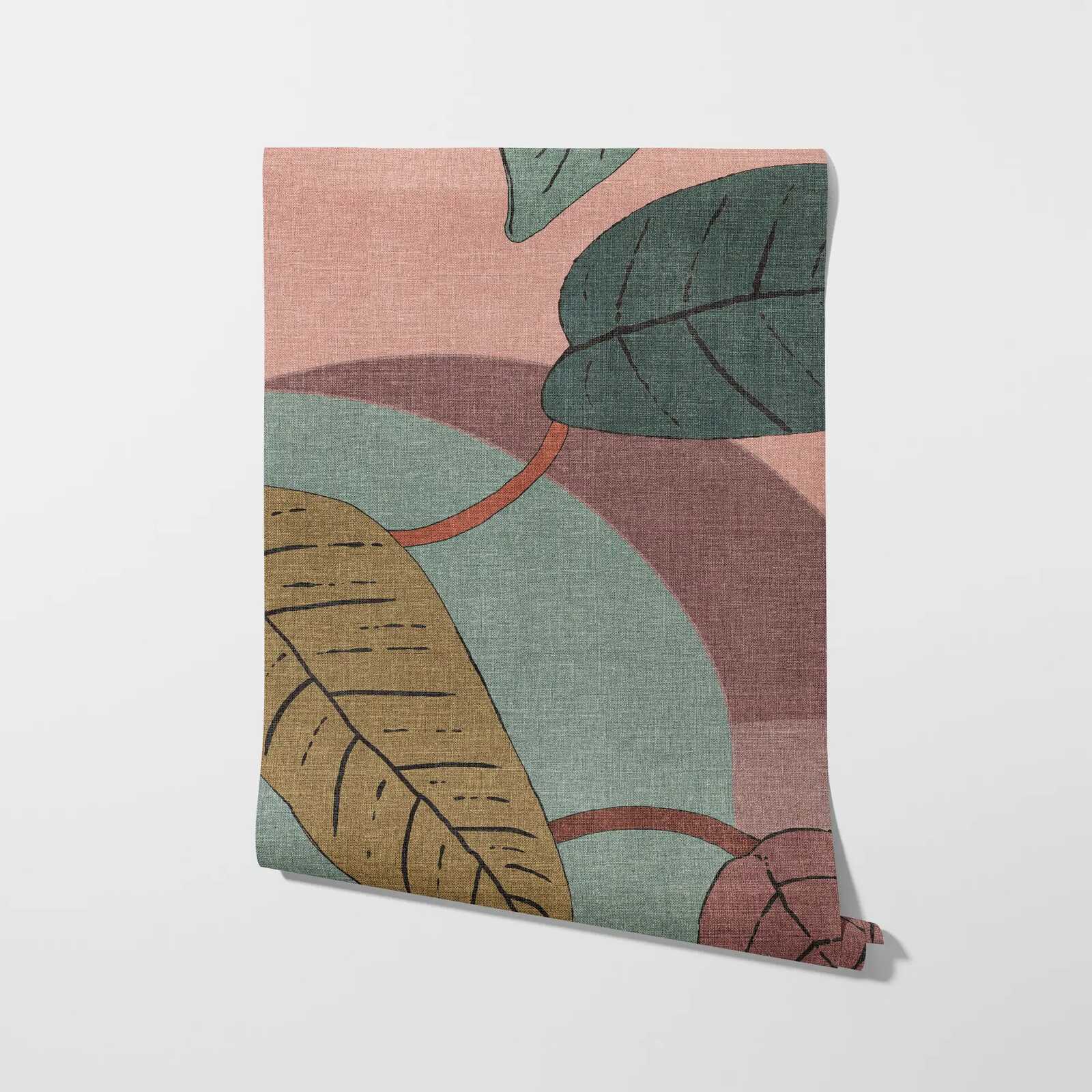             Vliestapete mit floralem Blattmuster und abstrakten Formen – Rosa, Türkis, Beige
        