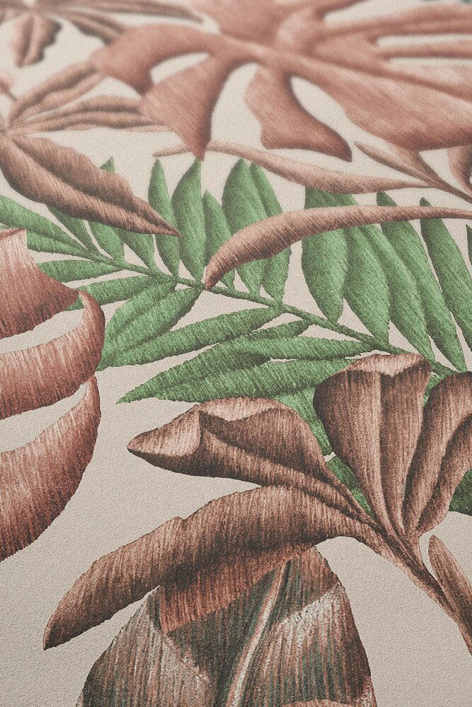             Bladpatroon vliesbehang met bananenbladeren & varen - roze, groen, crème
        