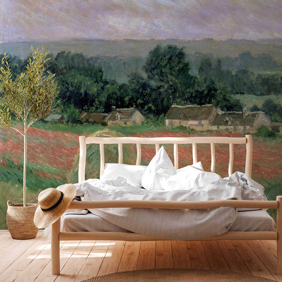 holzbettrahmen, bett, kissen, bettwäsche, wandtapete