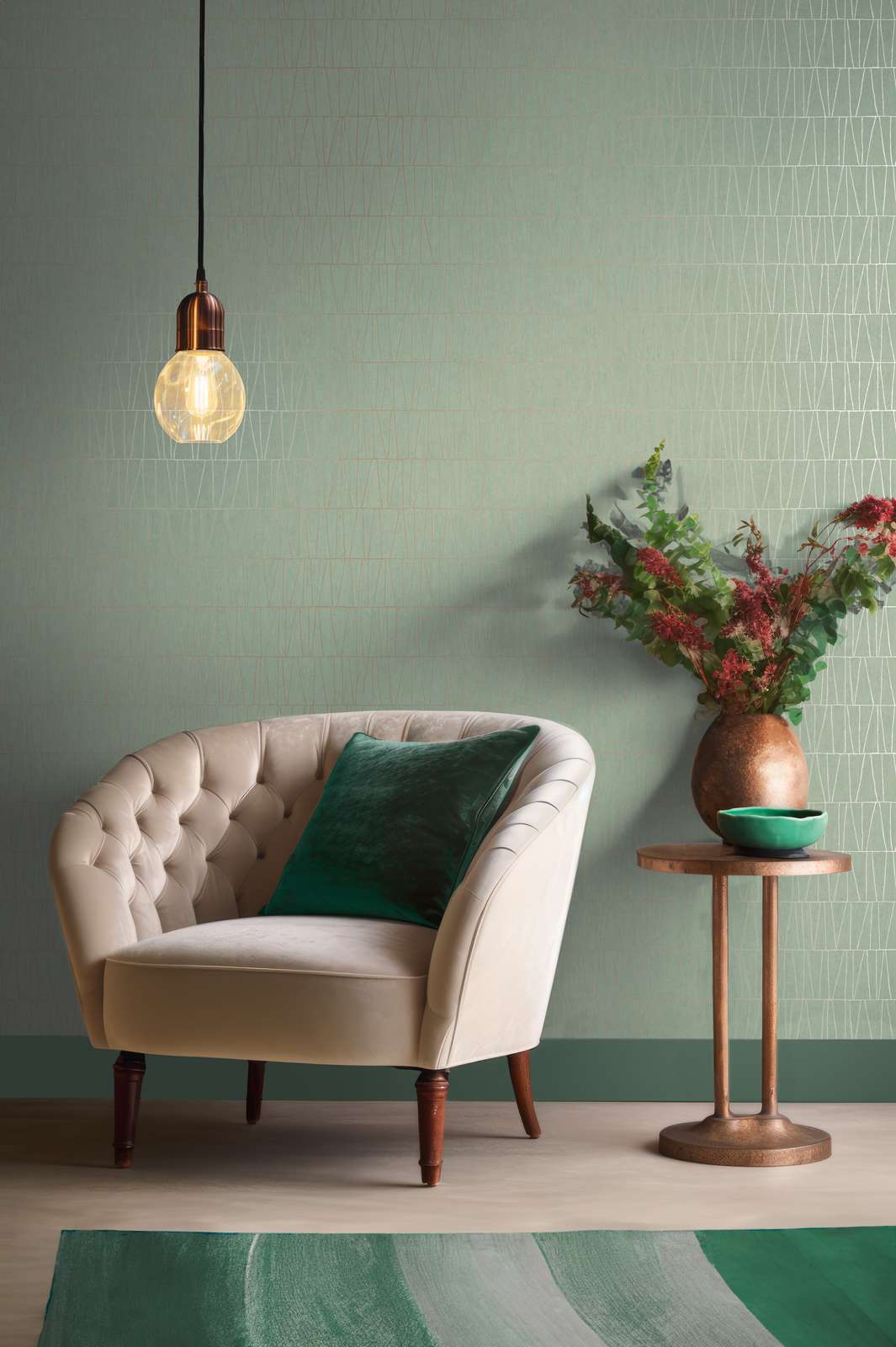             Bemusterte Tapete mit geometischem Mosaik– Grün, Gold
        